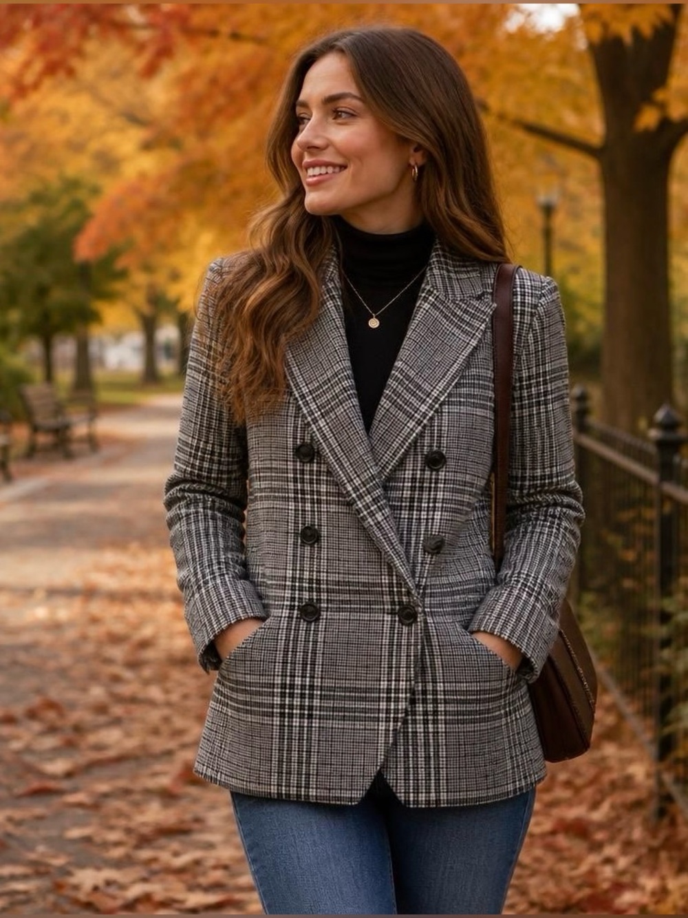 Women's Gray Plaid Double-Breasted Blazer Jacket XS